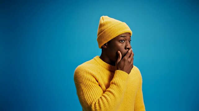 Shocked young african american man covering mouth with hand in disbelief against blue background.