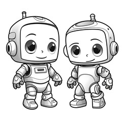 Fototapeta premium Two adorable cartoon robots standing side by side, depicted in a friendly, line-art style suitable for coloring.