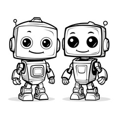 Naklejka premium Two adorable cartoon robots with big eyes and smiles, standing side by side in a black and white line art style.