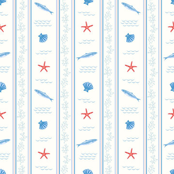 Nautical seamless coral motifs stripe pattern with blue color shells, fishes and starfish for summer beach design on white background. Coastal style textiles, wrapping papers, stationery seaside decor