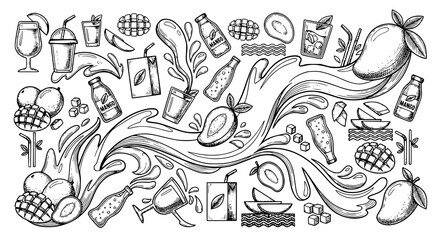 Black and white mango juice line art vector with sliced fruit cubes and tropical beverage illustration © Jasim
