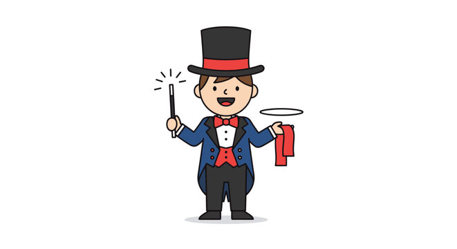Cartoon magician in top hat performing.