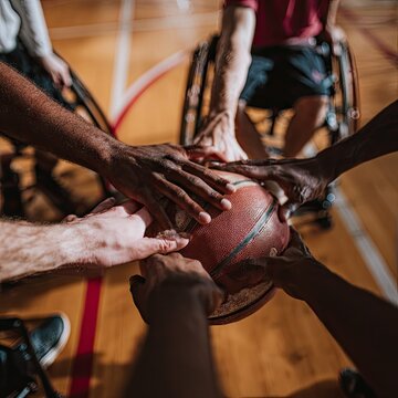 Wheelchair Basketball Team Hands on Ball