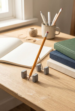 Minimal study desk with open notebook, pencils and stacked books.generative AI