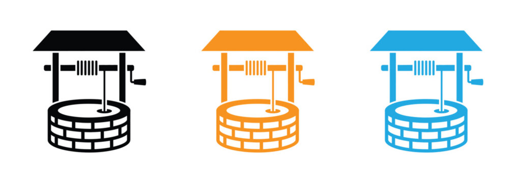 well icon. Solid icon set of Well: water well, stone well, bucket well, rope pulley well, open well top, covered well roof, village well, garden well, traditional