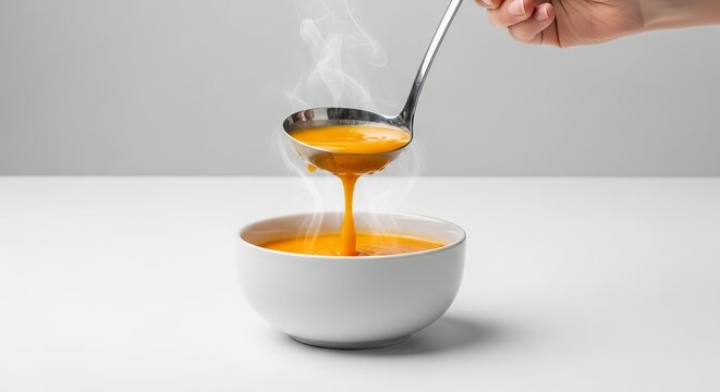 Steaming hot orange soup being ladled into a white bowl, showcasing a delicious and comforting meal.