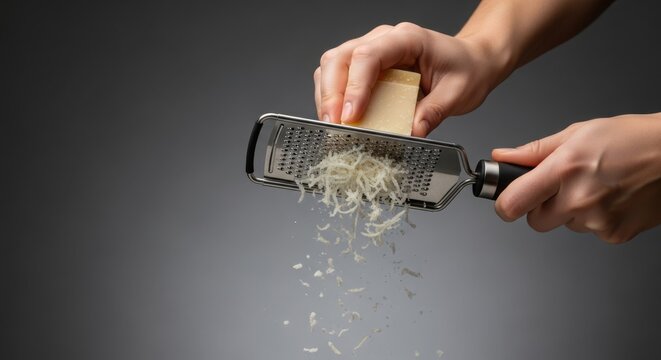 Person's hand grating a block of hard cheese with a metal grater, creating shredded cheese for cooking.