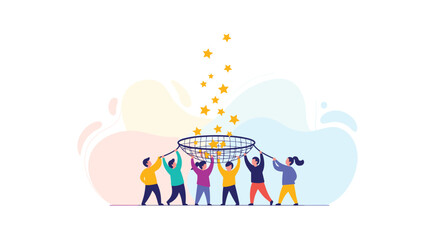 Fototapeta premium A group of people uses a large net to catch falling stars, representing collective success in a vibrant, flat illustration style on white.