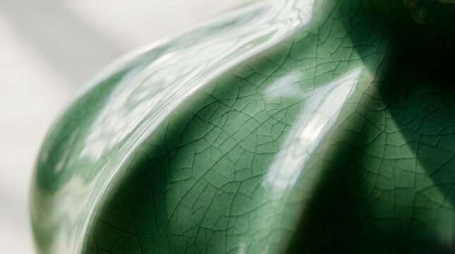 Macro photography of Korean Celadon porcelain showing intricate crackle glaze and jade luster