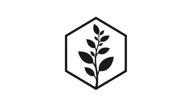 Minimalist hexagon icon featuring a single plant stem with leaves, isolated on white background