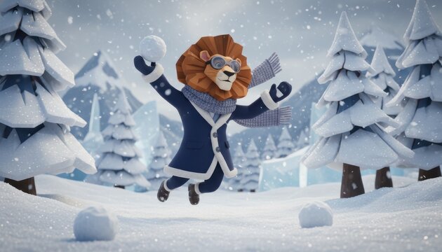Fashionable 3D lion joyfully playing with snowballs on a chilly winter day in a snowy landscape