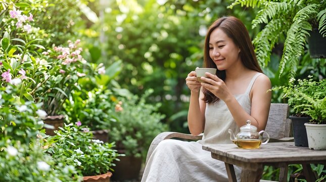 Young Asian woman enjoying a peaceful moment with a cup of tea in a beautiful lush green outdoor garden setting on a bright and sunny day.