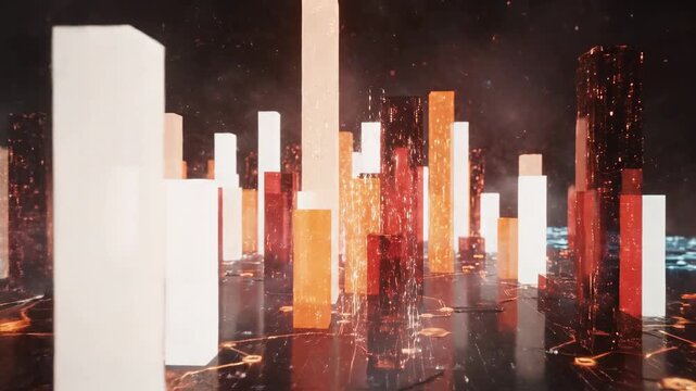 Futuristic 3d bar chart showing financial data growth on a glowing digital circuit board background.