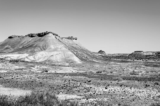 The rugged and spectacular lamdscape of the Petrified Foraest National Park East of Holbrook AZ