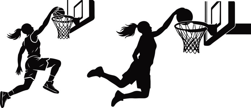 Female Basketball Player Silhouettes Jumping to Score Dunk, Athletic Women Sports Action Poses with Ponytail and Hoop for WNBA Inspired Vector Art