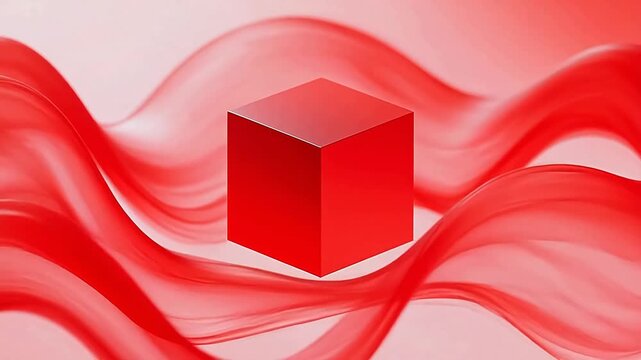 Red cube floating over red waves