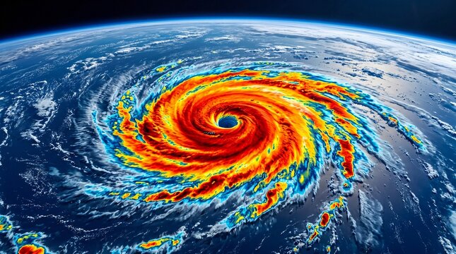 Detailed satellite view of a powerful massive tropical hurricane cyclone swirling over the deep blue ocean with dense white clouds and intense storm