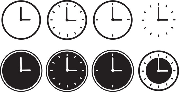 Vector Time and Clock Icons Set with Analog Clock Symbols, Circle Arrow Icons and Horizontal Clock Collection Design Illustration