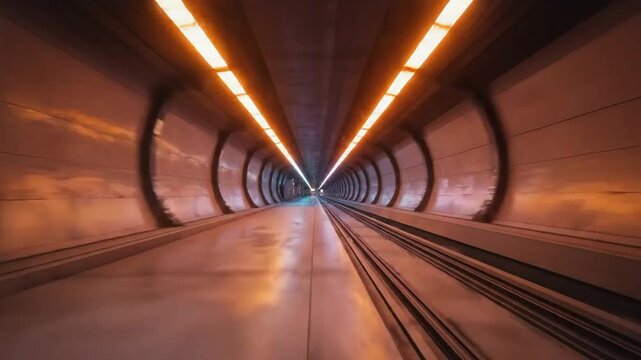 Long, futuristic subway tunnel with smooth metallic walls and glowing blue and purple neon lights illuminating the tracks and reflective floor creating a sense of speed and motion