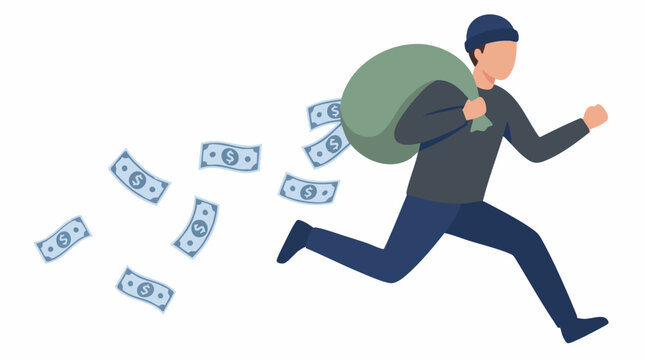 Cartoon thief running with stolen money bag, cash flying out