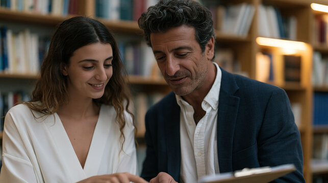 Lebanese graduate student at a university international office, advisor pointing to H1B cap-exempt documentation on a clipboard, bookshelves behind them, institutional lighting, academic visa sponso