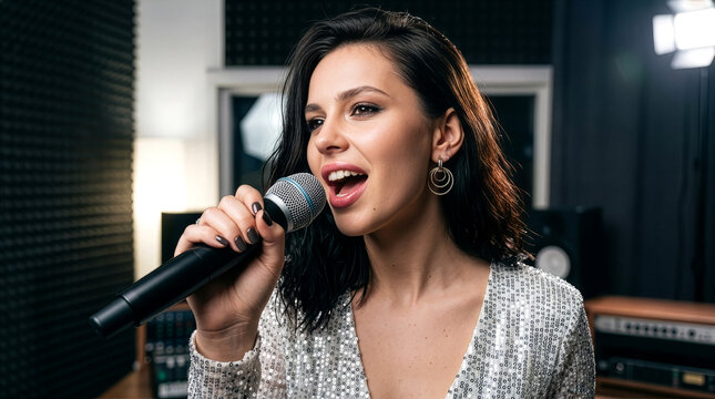 A passionate young brunette singer in a sparkly white sequined top performs into a microphone inside a professional recording studio with acoustic panels