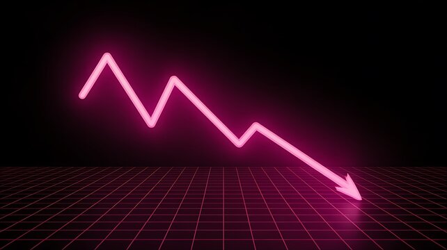 Neon pink downward arrow graph, futuristic chart, declining trend, cyberpunk background