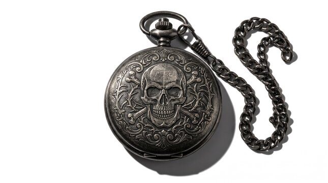 Vintage skull pocket watch on chain, antique timepiece with skeleton design