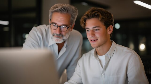 Experienced professional learning new AI software despite obvious frustration, younger trainer explaining patiently, generational technology gap visible, determination overcoming resistance, ideal