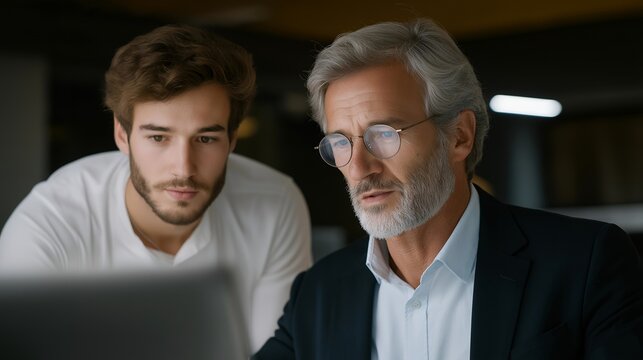 Experienced professional learning new AI software despite obvious frustration, younger trainer explaining patiently, generational technology gap visible, determination overcoming resistance, ideal