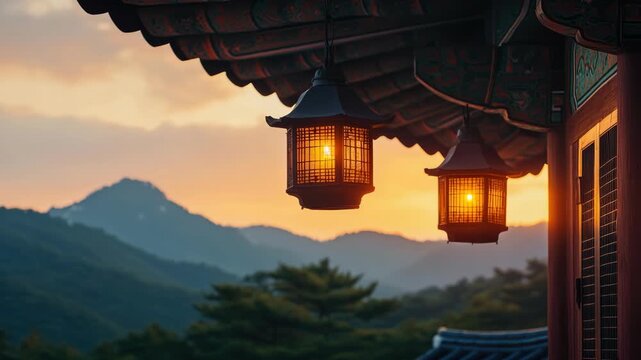 Warmer glow of lanterns hangs from a traditional roofline. Mountains fade softly behind the setting sun. Lanterns cast golden light against the twilight sky