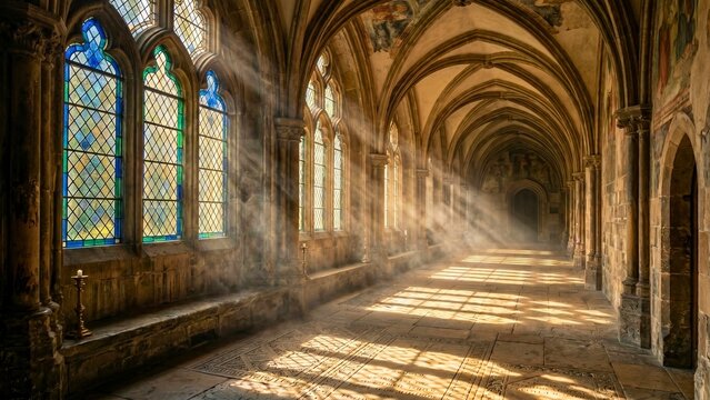 Sunbeams in Norwich Cathedral Cloisters, Medieval Gothic Architecture abstract background with flowing shapes and lines