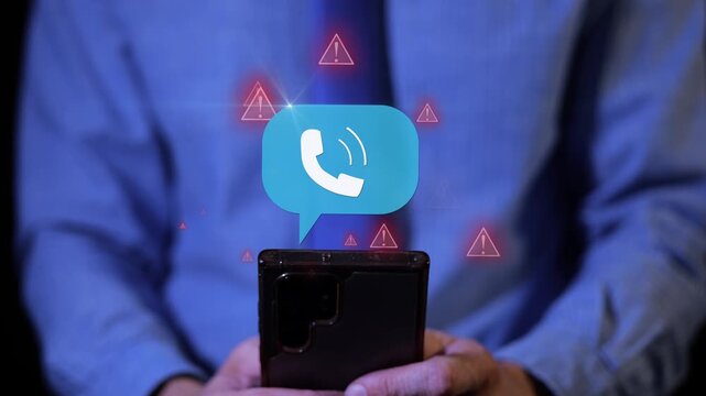 A person receiving a vishing voice call on a phone. Cyber security phishing scam attack concept. Motion graphic animation