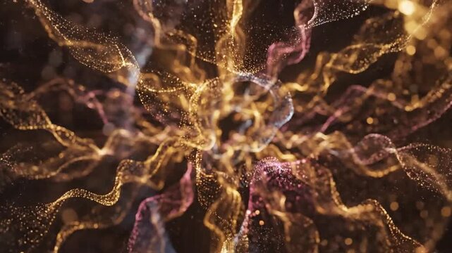 Abstract swirling vortex of luminous golden and pink particles and light trails against a dark background creating a sense of energy and cosmic motion