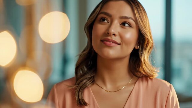 Portrait of a confident young businesswoman smiling in a modern office setting with warm bokeh lighting.