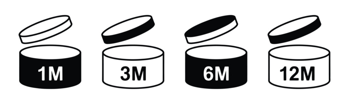 open cosmetic jar  pao indicator icons for beauty packaging expiration period, line art design set. Cosmetic cream jar with open lid and 1M, 3M, 6M, 12M month PAO symbol for skincare product expiratio