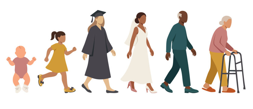 Human Life Cycle Stages Progression, From Baby to Old Age with Walker, Growth and Aging Process Vector Illustration, Concept of Longevity, Milestones of Life, Generations Evolution and Aging Timeline.