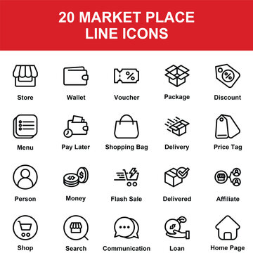 20 Marketplace Line Icons Set with Store, Wallet, Voucher, Shopping Bag, Delivery, Discount, Flash Sale, Affiliate and E Commerce Outline Vector Collection