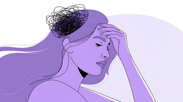 Woman with hand on forehead in a purple illustration, contemplatio