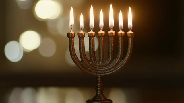 Candlelight glows warmly on a traditional menorah. Soft bokeh highlights the festive atmosphere. The menorah stands centered in gentle focus. Candles burn steadily, casting a golden hue