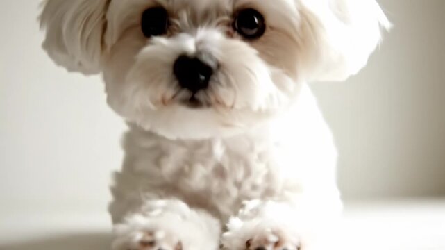 Close up portrait of a happy white maltese puppy looking at the camera with its mouth open.