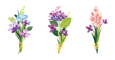 Set of elegant flower mini bouquet illustrations with ribbon details isolated on white, botanical decorative collection for invitations and greeting cards, Valentine’s Day, Birthday or Wedding © Veronika Schrigen
