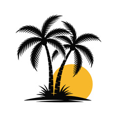 Obraz premium Palm tree sunset silhouette vector, tropical island beach landscape, summer vacation travel icon illustration.