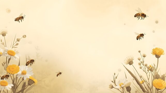 Elegant floral bee border background with soft wildflowers flying bees and warm neutral copy space