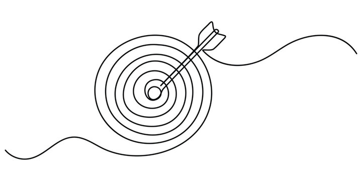Continuous line drawing of archery arrow hitting target bullseye on transparent background vector