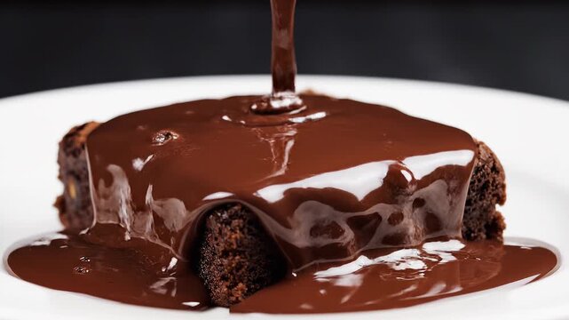 Slow-motion capture of rich, thick melted chocolate being poured over a textured brownie.