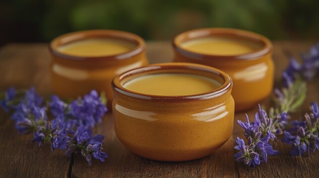 Three ramekins of custard surrounded by lavender sprigs on a wooden surface
