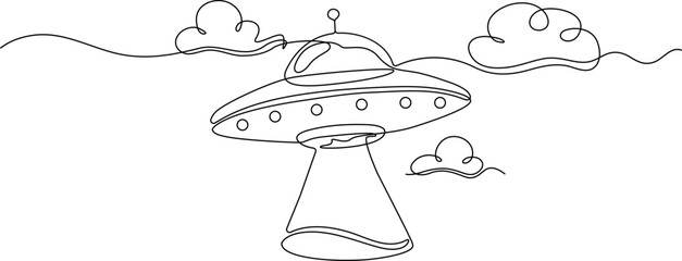 Continuous one line drawing of UFO, spaceship, flying saucer, line art, vector illustration, sci-fi, futuristic © ANJALI