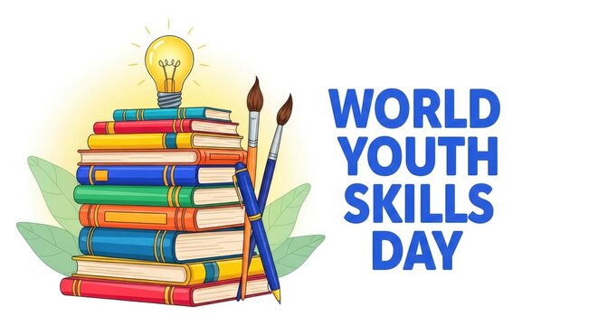 World youth skills day illustration books bulb and art supplies for education