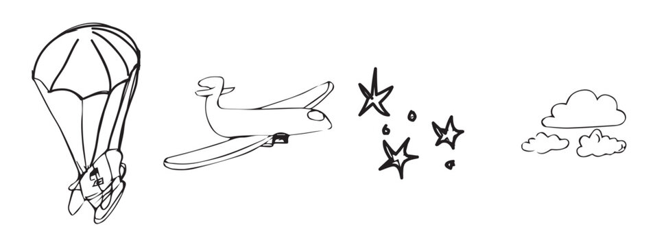 Package parachute airdrop hand drawn outline doodle icon. package with parachute fast delivery service concept air shipping flying plane doodle, vector illustration.